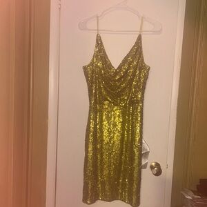 Dress the Population Chartreuse Sequin Slip Dress with Cowl Neck